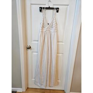 American Eagle Small Wide Leg Jumpsuit Cream Tan Stripe Smocked Boho Summer